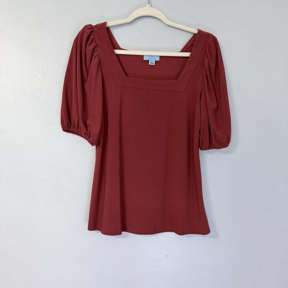 CeCe Women's Square Neck Puff Sleeve Blouse Size M Rust Red
